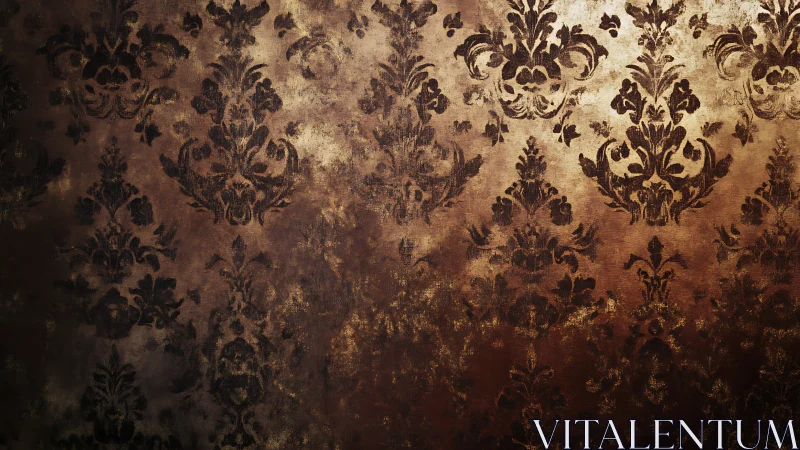 Aged damask wallpaper pattern with worn metallic tones.