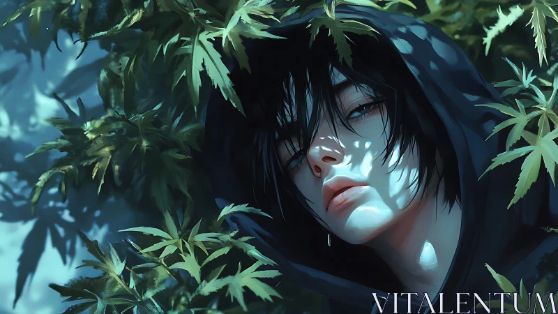 Hooded youth in dappled foliage with cinematic rim lighting.