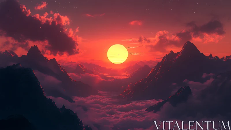 Sun dominates red sky above dark mountains and cloud sea