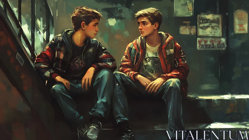 Two stairwell dreamers trade secrets in painted twilight