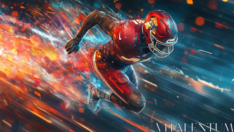 Digital painting shows football player sprinting through light effects
