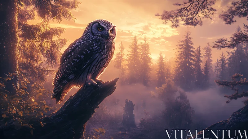 Majestic Owl at Sunrise in Mystical Forest, Digital Art Style.