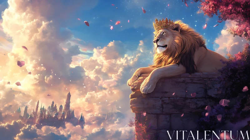 Majestic crowned lion rests above a dreamy sky kingdom