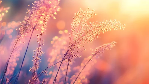 Soft focus wild grasses in warm glowing sunset light.