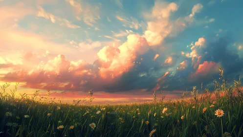 Sunlit wildflower meadow under glowing pastel clouds.