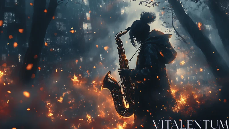 Solitary saxophonist plays through burning forest night