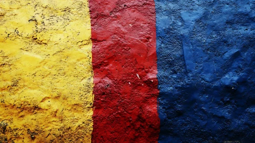 Tricolor textured wall with bold yellow, red, blue bands.