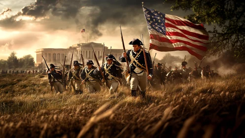 Photorealistic Revolutionary soldiers advance with flag in field.