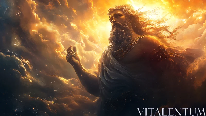 Mythic sky deity emerges from volumetric clouds and radiant light