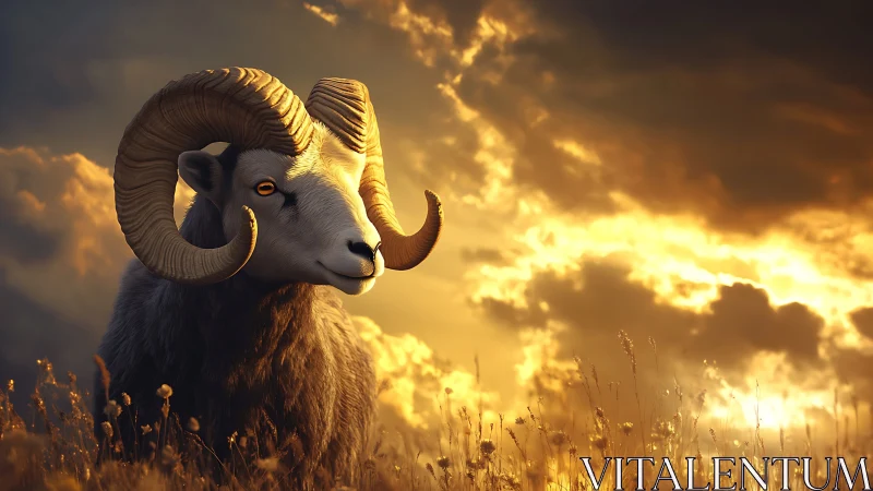 Majestic horned ram against blazing golden sunset sky.
