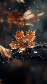 Macro analysis of rain-soaked maple leaf on dark branch.