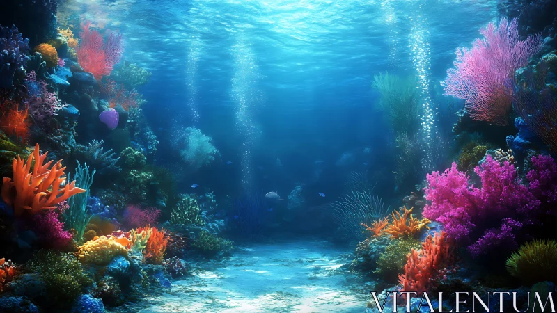 Colorful coral reef seafloor under clear sunlit water.