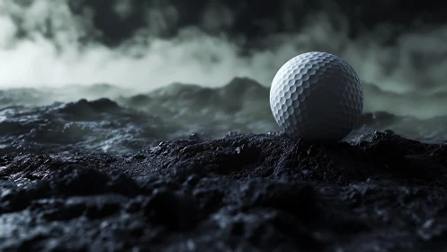 Lonely golf ball on dark rocky surface under moody sky.