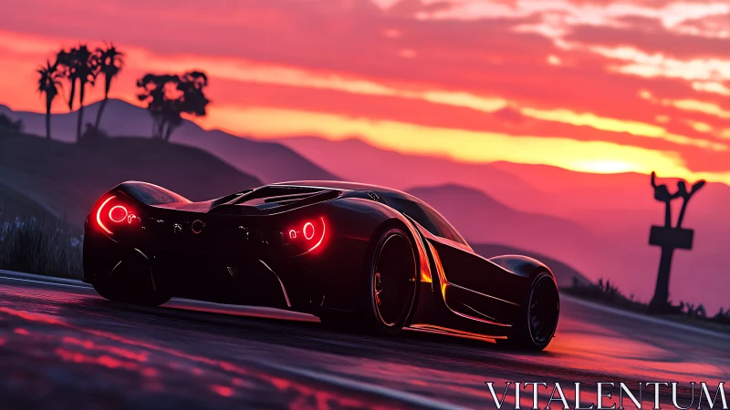 Sleek supercar glowing softly under a dreamy sunset sky.