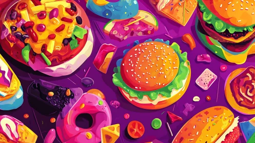 Vibrant neon fast food spread in bold pop stylization.