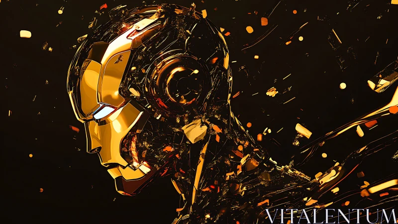 Golden futuristic android in a swirl of glowing fragments.