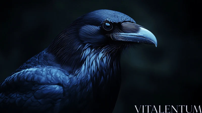 High-Resolution 3D Rendered Corvid Portrait with Metallic Blue Iridescence