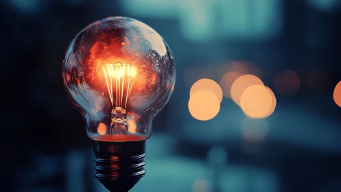 Glowing light bulb close up against blurred city bokeh.