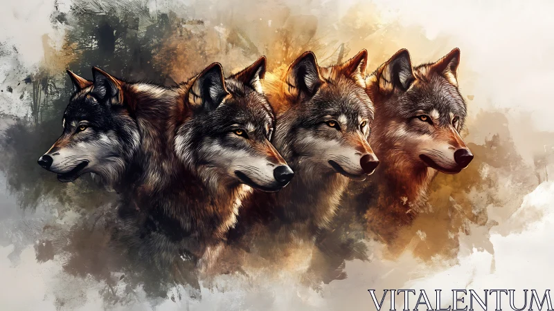 Four twilight wolves merge with swirling forest brushstrokes.