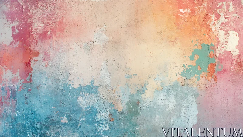 Soft weathered pastel wall blends coral, teal, and cream tones.