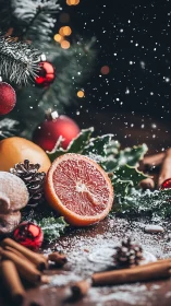 Citrus slice anchors festive still life under falling snow