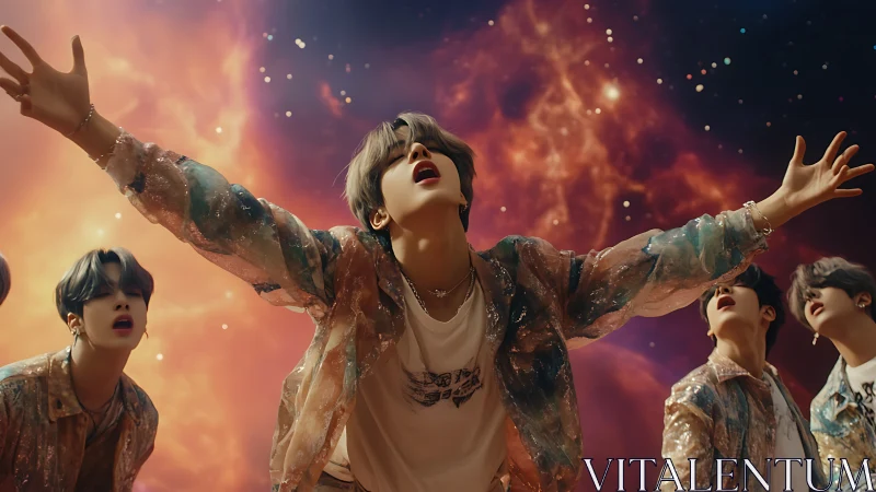 Celestial pop figure reaches outward under nebula skies.