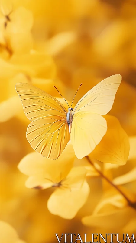 Sunlit yellow butterfly rests gently among golden petals