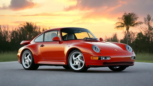 Photorealistic sunset portrait of classic red sports coupe.