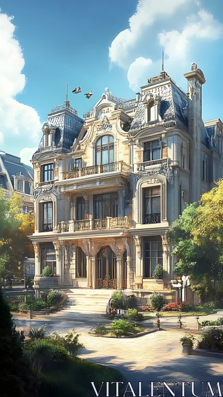 Sunlit Belle Epoque mansion guarding a tranquil garden court.