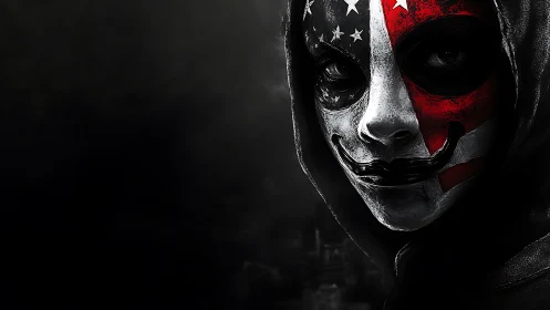 Hooded figure with flag-painted mask rendered in high contrast chiaroscuro