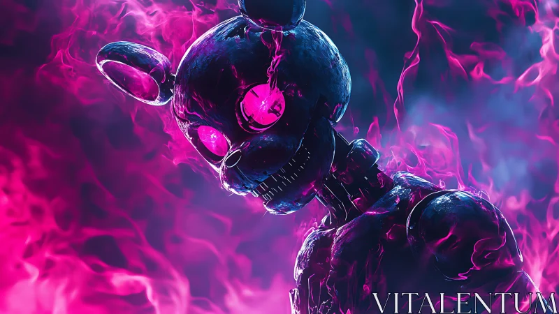 Chromed animatronic rabbit engulfed in neon magenta flames.