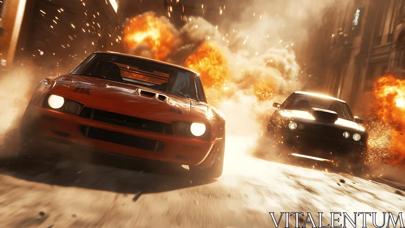 Cinematic urban car chase rendered with dynamic explosion lighting
