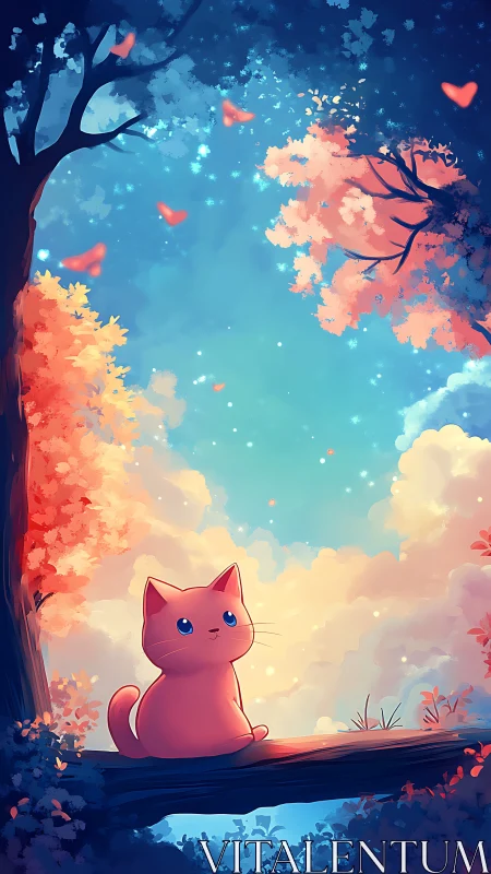 Crimson Feline Dreams Under Blossom-Laden Skies