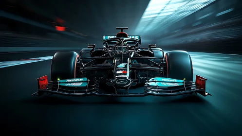 Front view of black Formula 1 car on illuminated racetrack.