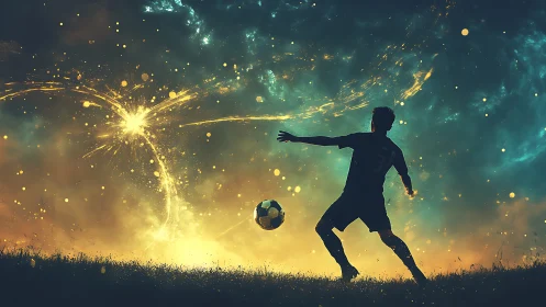 Stellar trajectory analysis of silhouetted footballer in nebular field.