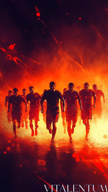 Football squad advances through fiery, high-contrast backlight field
