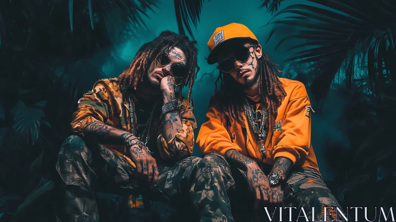 Urban duo in neon jungle lighting embody cinematic street style