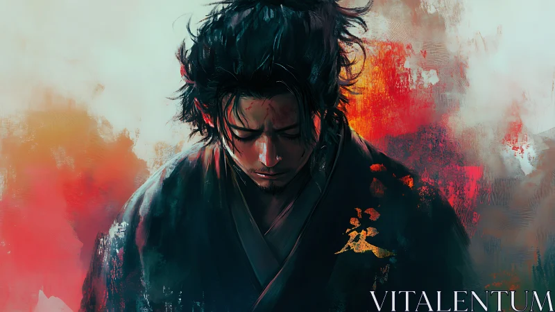 Melancholic samurai portrait amid turbulent chromatic aura.