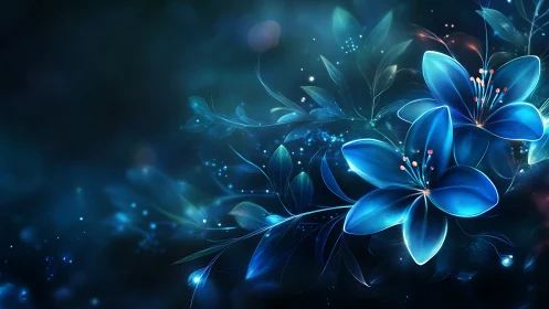 Glowing Blue Flowers Bloom in Magical Digital Light