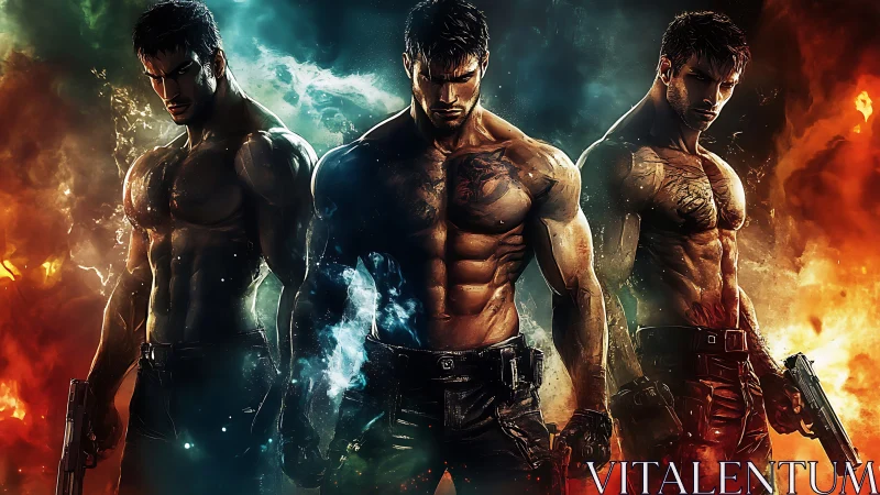 Triple gunfighters emerge from elemental fire and smoke.