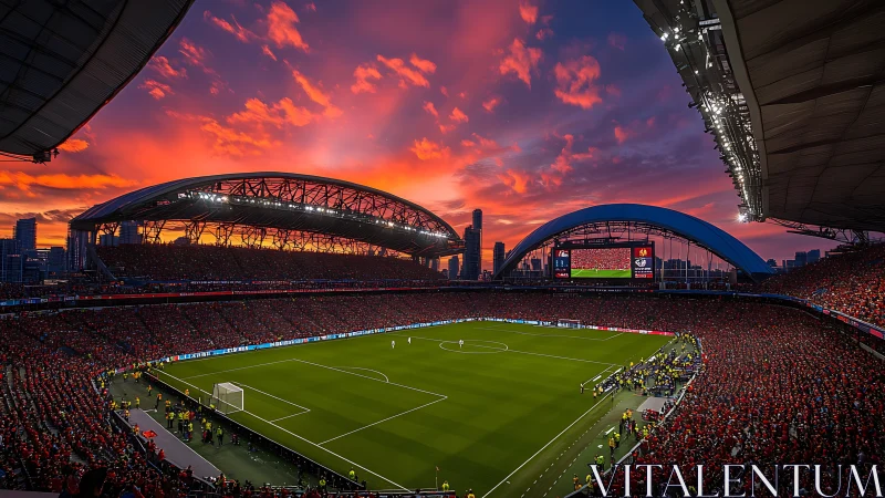 Sunset roars above a packed city football cauldron stadium.