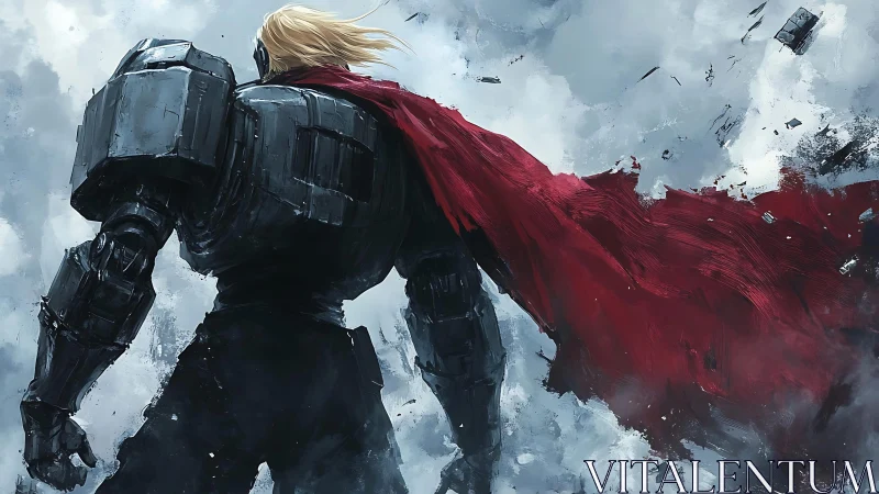 Armored figure stands with red cape against turbulent sky