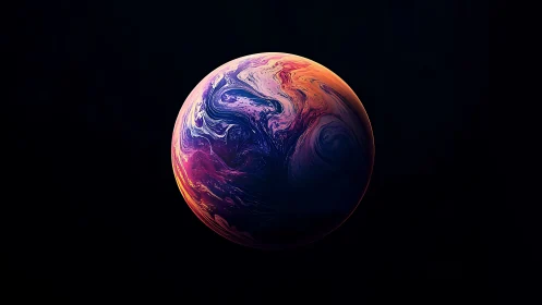 Vibrant abstract planet floats in deep cosmic darkness