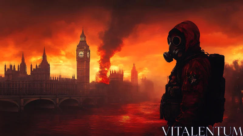 Dusk over burning London with a lone masked wanderer.