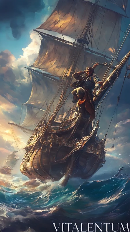 Wooden sailing ship with lookout on rigging in rough sea.