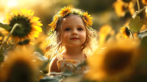 Golden Hour Portrait: Child with Sunflower Crown.