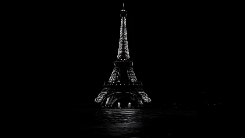 Nocturnal Eiffel Tower rendered in minimalist high-contrast monochrome