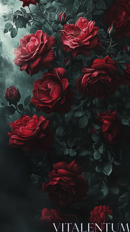 Deep Red Roses Against Dark Atmospheric Foliage