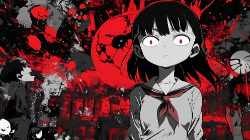 Quiet schoolgirl stands before a haunting red dreamscape.