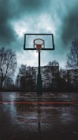 Urban basketball hoop under stormy teal evening sky.